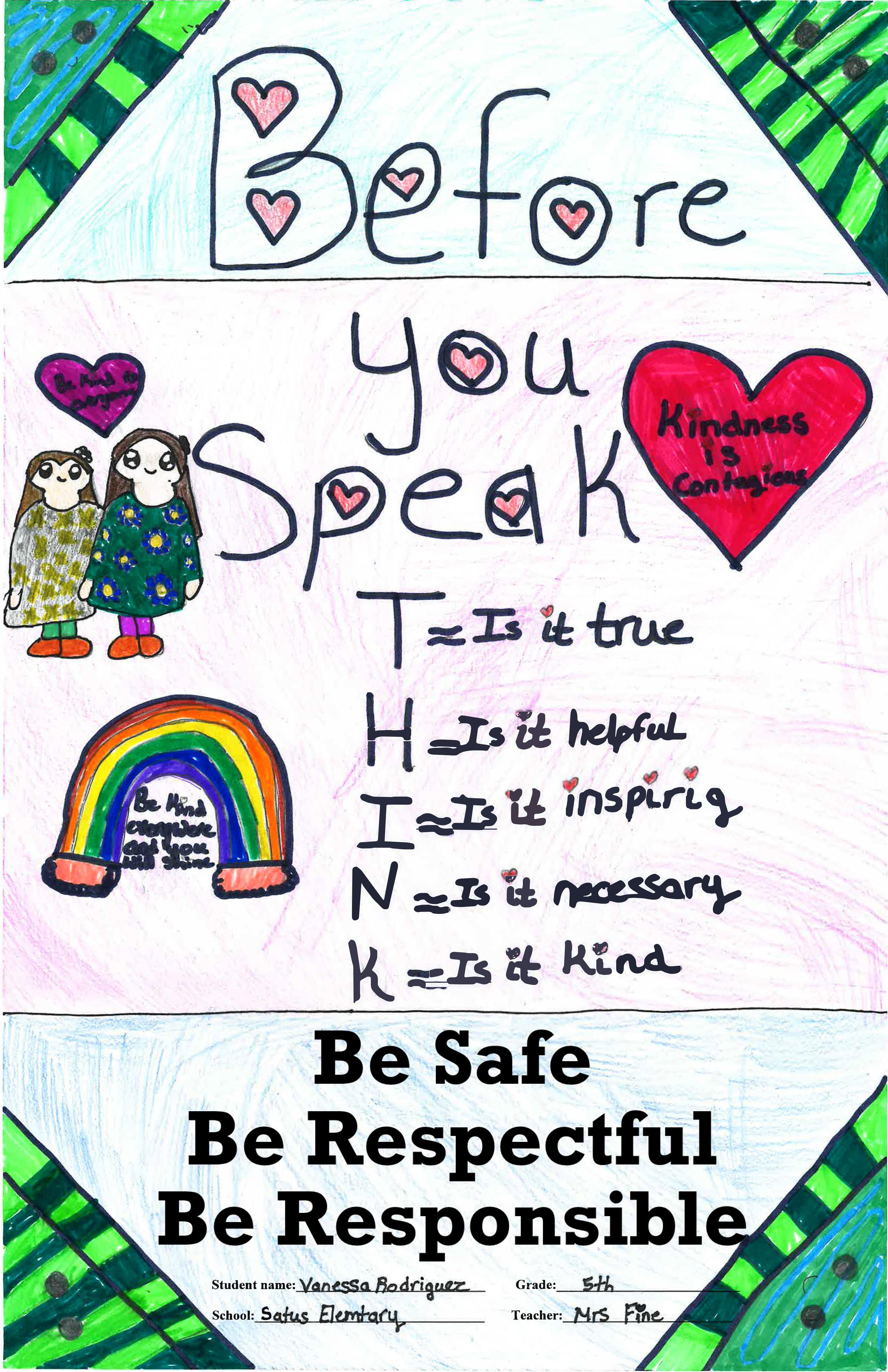 Poster with green edges, a rainbow, sketch of two people standing and rules to think about before you speak